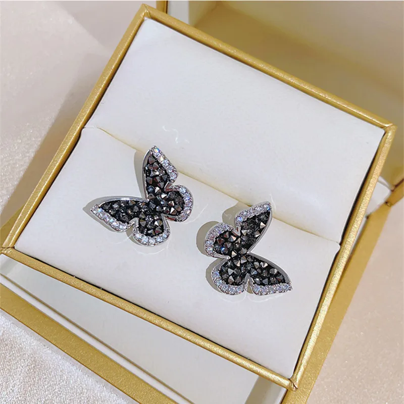 Cor Prata Incrustada Zircão Borboleta Brincos para Mulheres, Cristal Preto, Jóias De Casamento, Presentes De Aniversário, Personalidade Moda