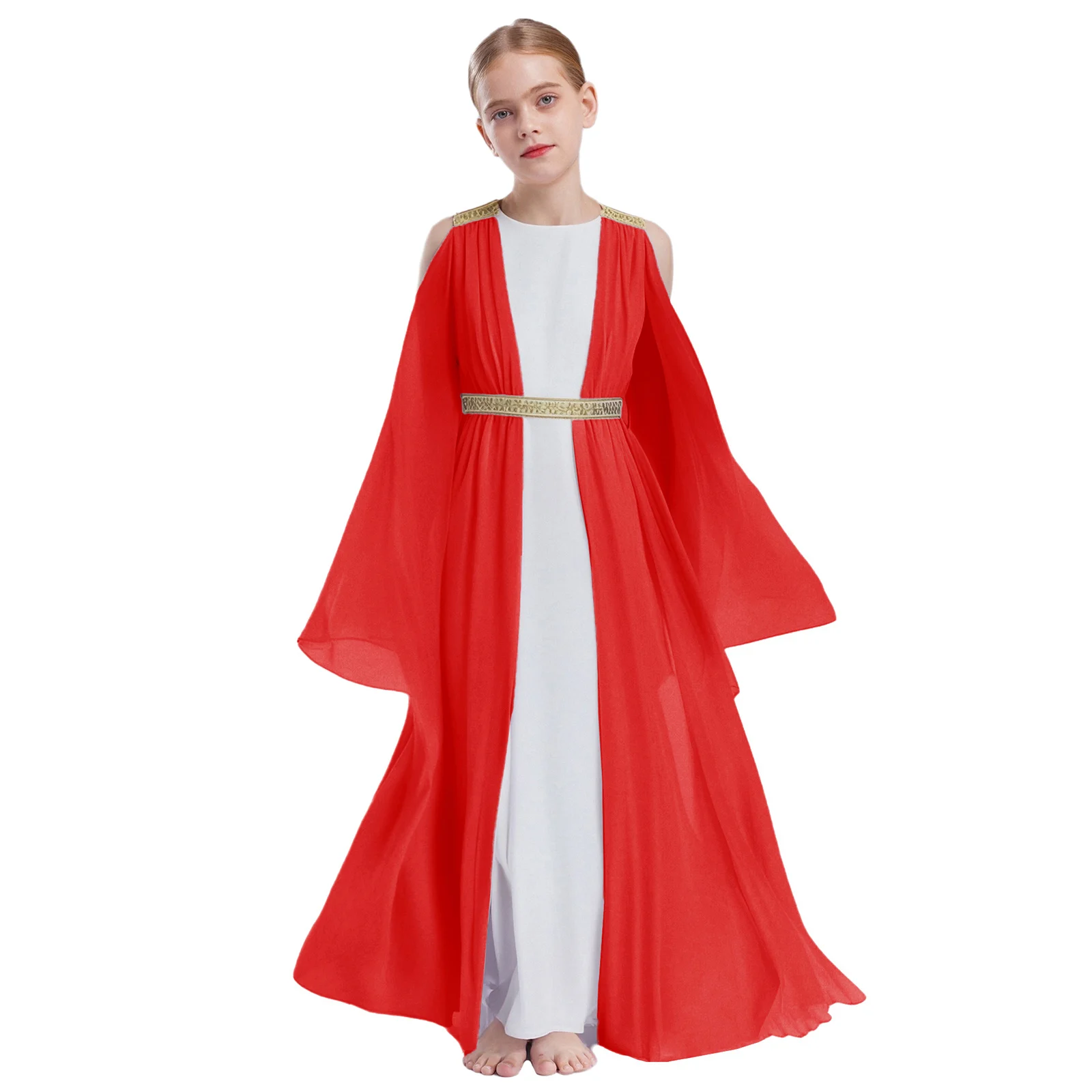

Girls Ancient Greek Roman Goddesses Princess Toga Halloween Party Cosplay Costume Golden Embroidery Dress Church Worship Gown