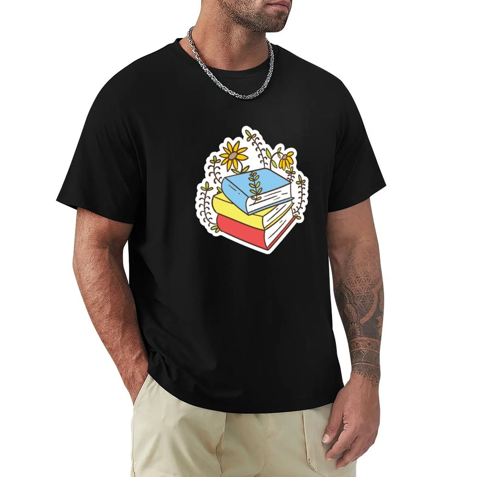 

Books and Flowers T-Shirt customs anime clothes Men's cotton t-shirt