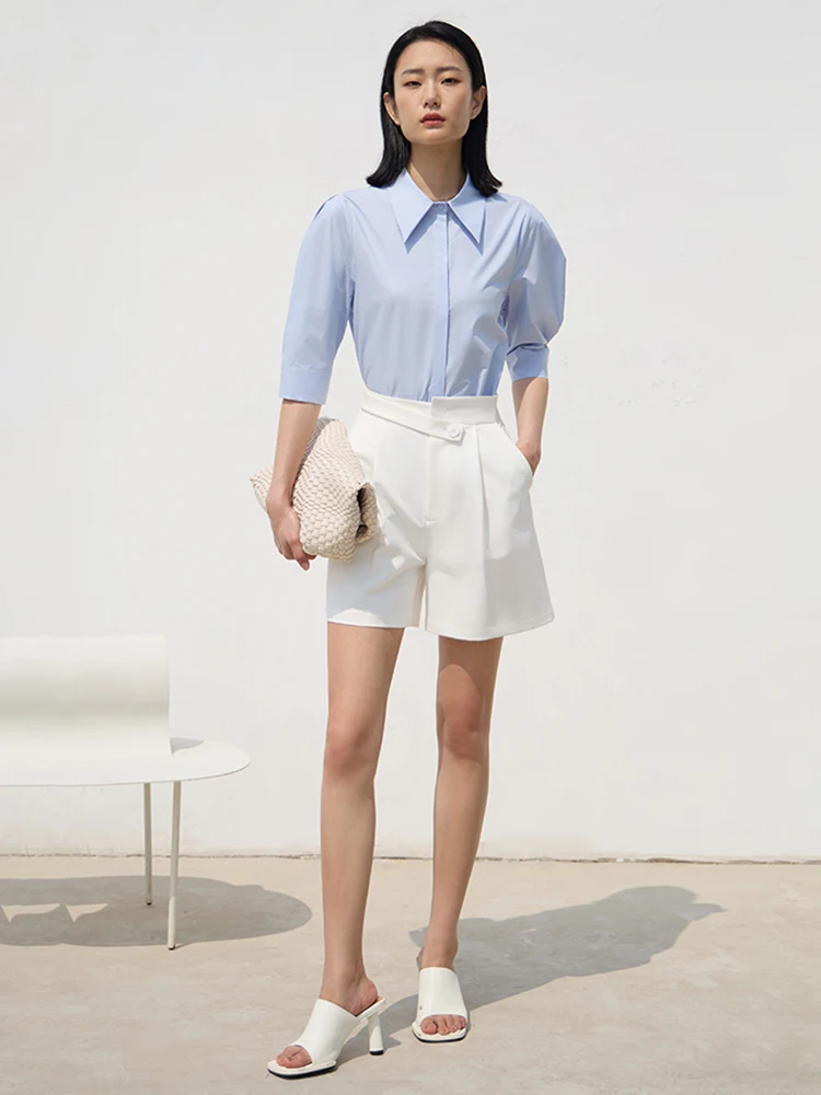AMII Minimalism Chic Shirts & Blouses 2023 Summer New Turndown Collar Half Sleeves French White Shirts Women Clothing 12342324