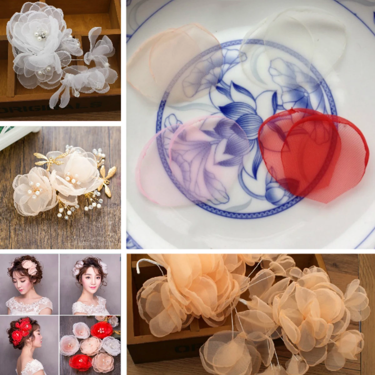 

50pcs Diy Organza Flower Pieces Bridal Headdress Ornaments Wedding Party Decorations Craft Supplies Floral Accessories For