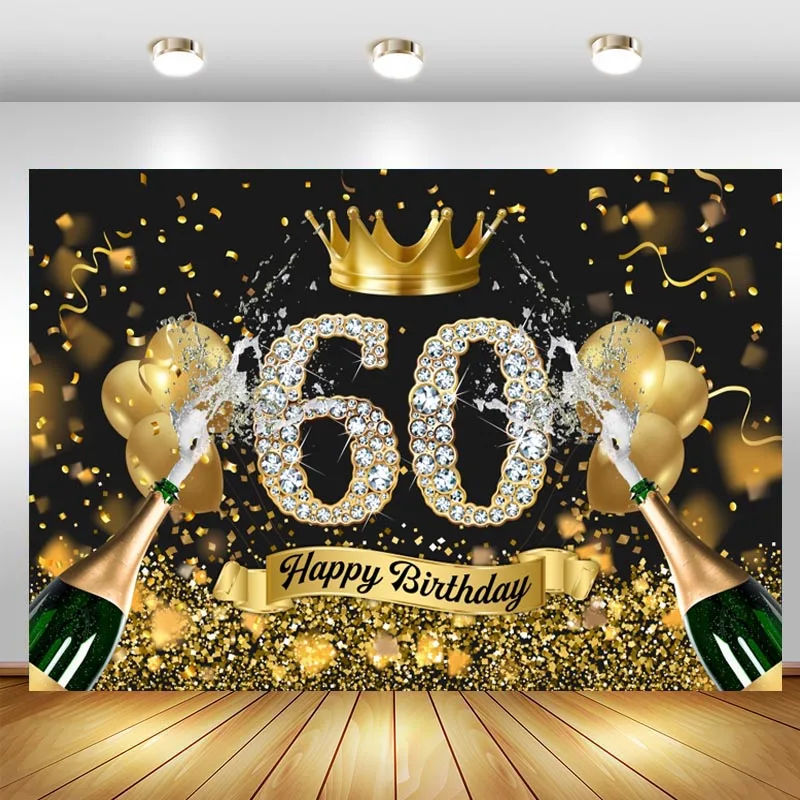 

Happy 60th Birthday Backdrop Golden Crown Glitter Men Women Birthday Party Custom Photo Background Photocall Props Banner