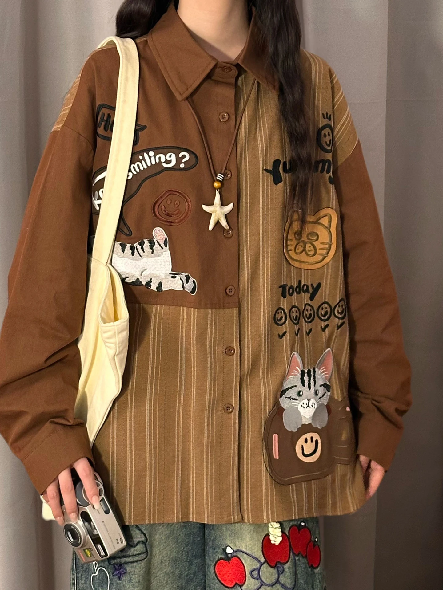 

SOLDOUT Original American Retro Cartoon Embroidery Color Blo Loose Long Sve Women's irt Casual Comfortable Cotton ...