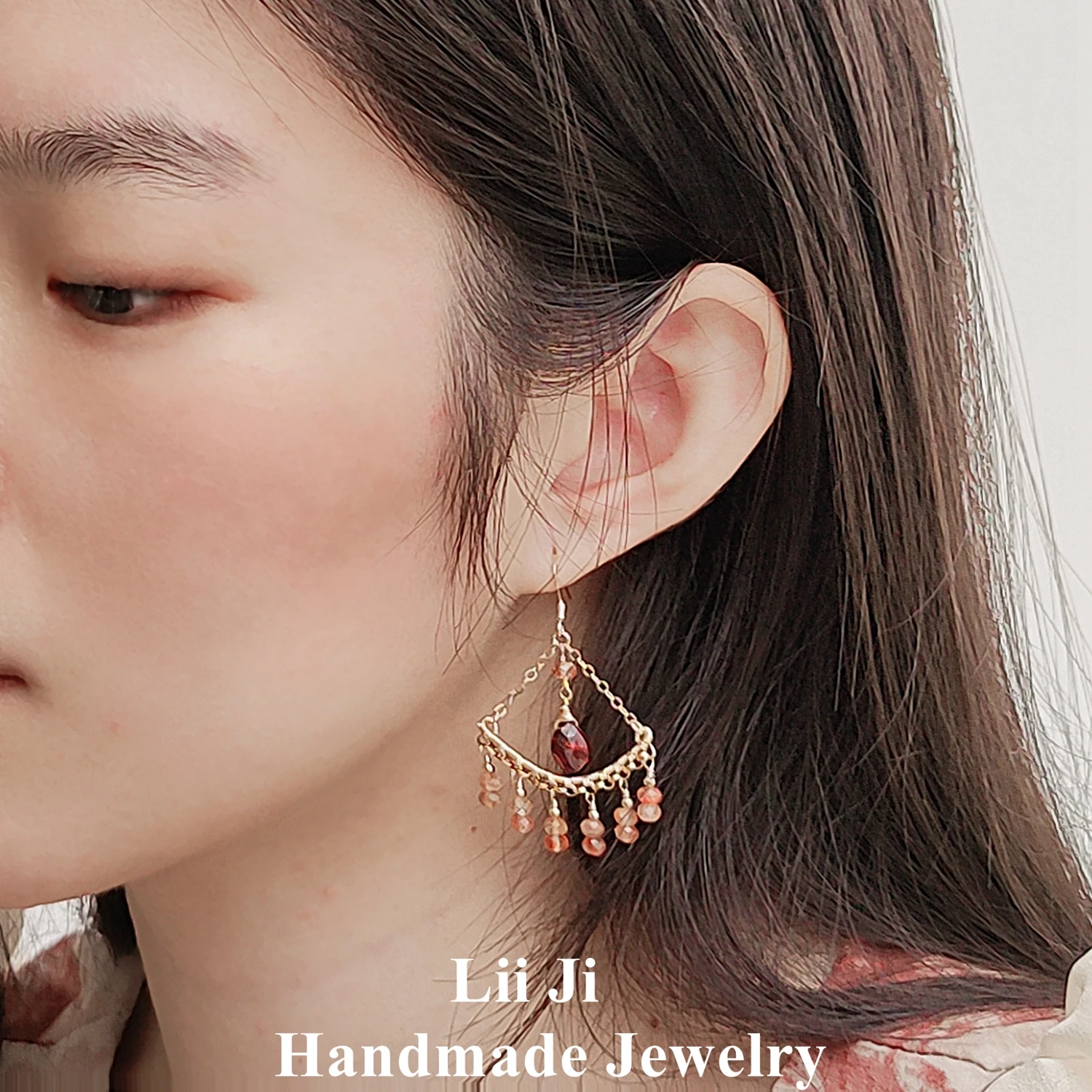 

Lii Ji Golden Strawberry Quartz Garnet American 14K Gold Filled Tassel Earrings Handmade Jewelry