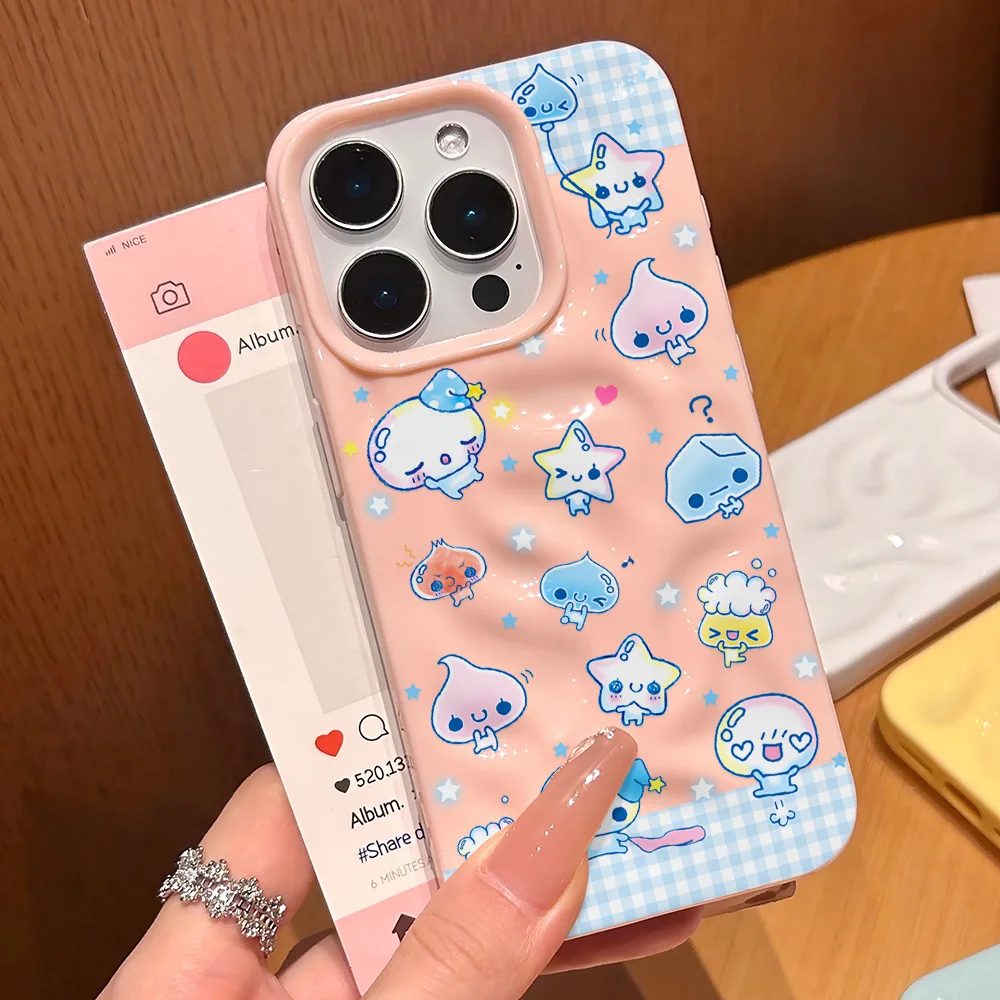 Cute Star Blue Water Bead Grid 3D Irregular Wrinkle Meteorite Phone Cases For iPhone 17 16 15 14 Plus 13 12 11 Air Pro Max  Soft