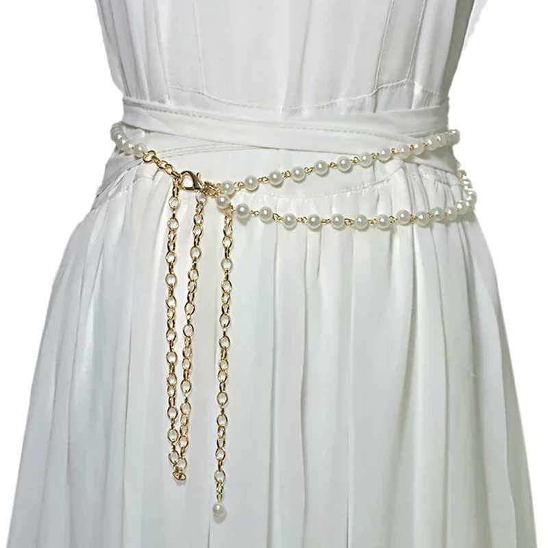 Women Imitation Pearl Belts Alloy Chain Belts White Imitation Pearl Chain Women Clothing Accessories