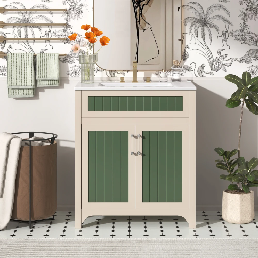 

30'' Bathroom Vanity Cabinet with Ceramic Sink Combo Set, Solid Wood Frame Modern Bathroom Storage Cabinet with Height