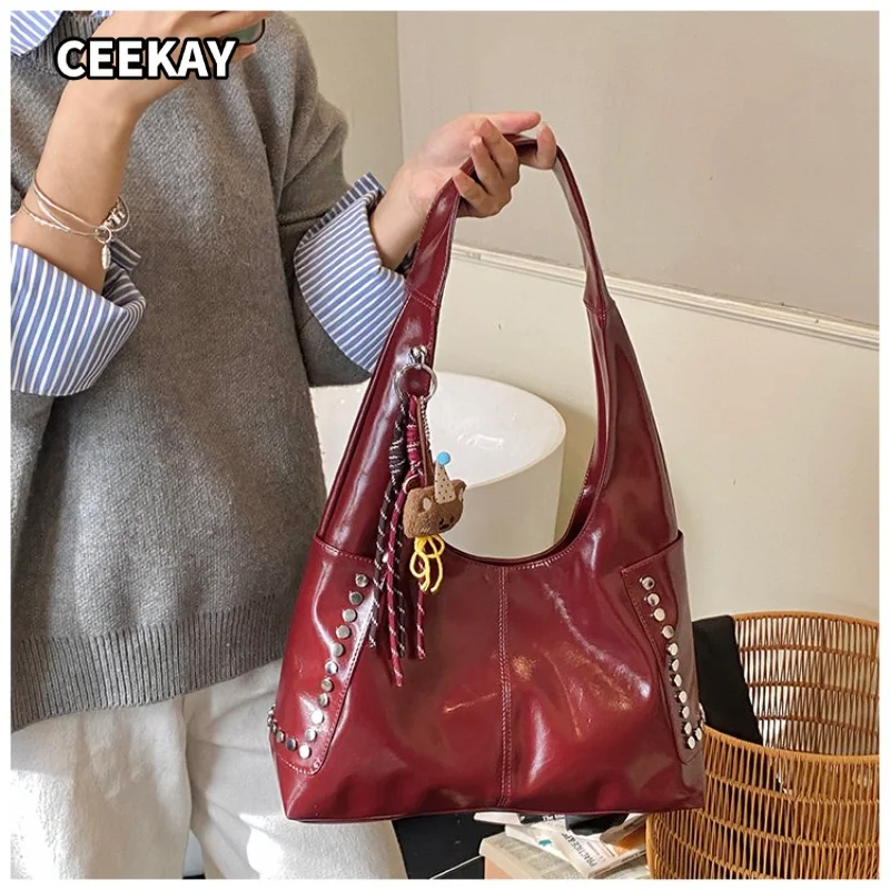 CEEKAY Women's Hobo Bag Burgundy Glossy PU Leather Large Shoulder Handbag Stud Detail Tassel Pendant Daily Casual Sweet