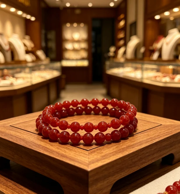 

Red agate beryl bracelet, ice-clear wine red color, auspicious for wealth and beneficial for marriage.