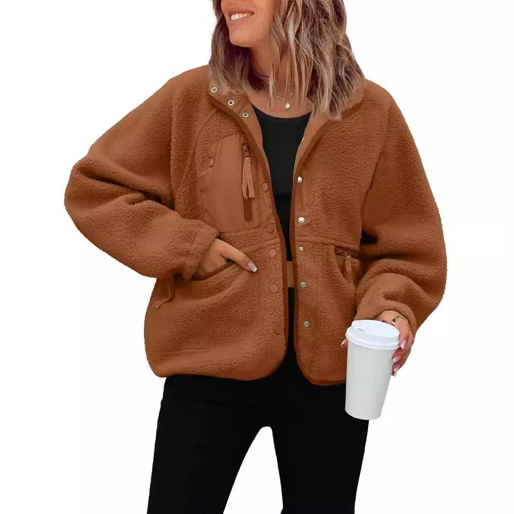 Amazon Autumn/Winter Women's Loose Fleece Jacket Casual Sweatshirt Top Sporty Style Shake Granules Fabric Coat