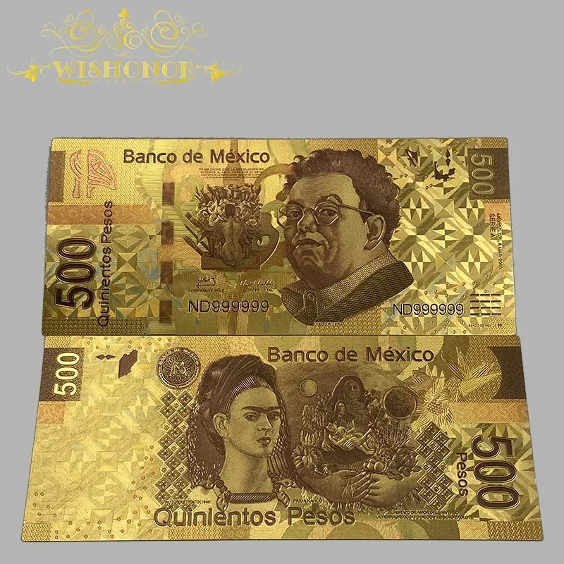 10pcs/lot New Colored Mexico 500 1000 Peso Mexicano Banknote in 24k Gold Plated For Collection