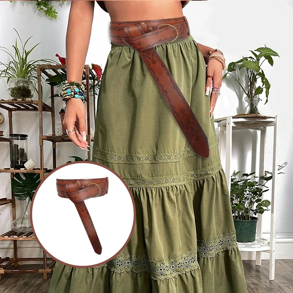 

Cosplay Retro Waist Belt Vintage Embossed WaistBand PU Leather Medieval Harness Women Men Drawstring Sword Belt Performance Prop