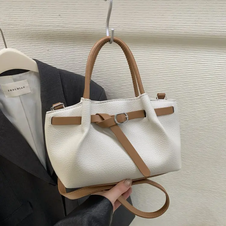 

2026 New Women Bucket Bag Lychee Leather Belt Metal Buckle Ruched Crossbody Shoulder Bag