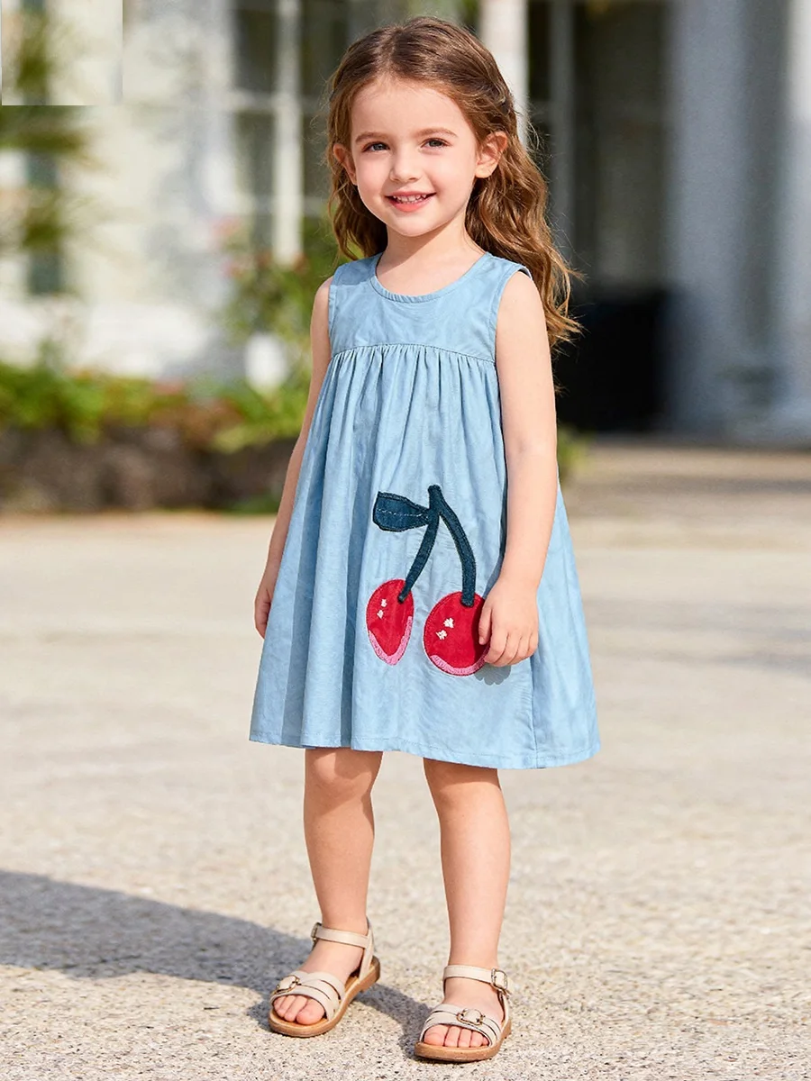

Summer Baby Girls Cherry Appliques Button Back Sleeveless Casual Denim Dress Kid A-Line Jeans Sundress Child Outfit Skirt 2-7 Yr