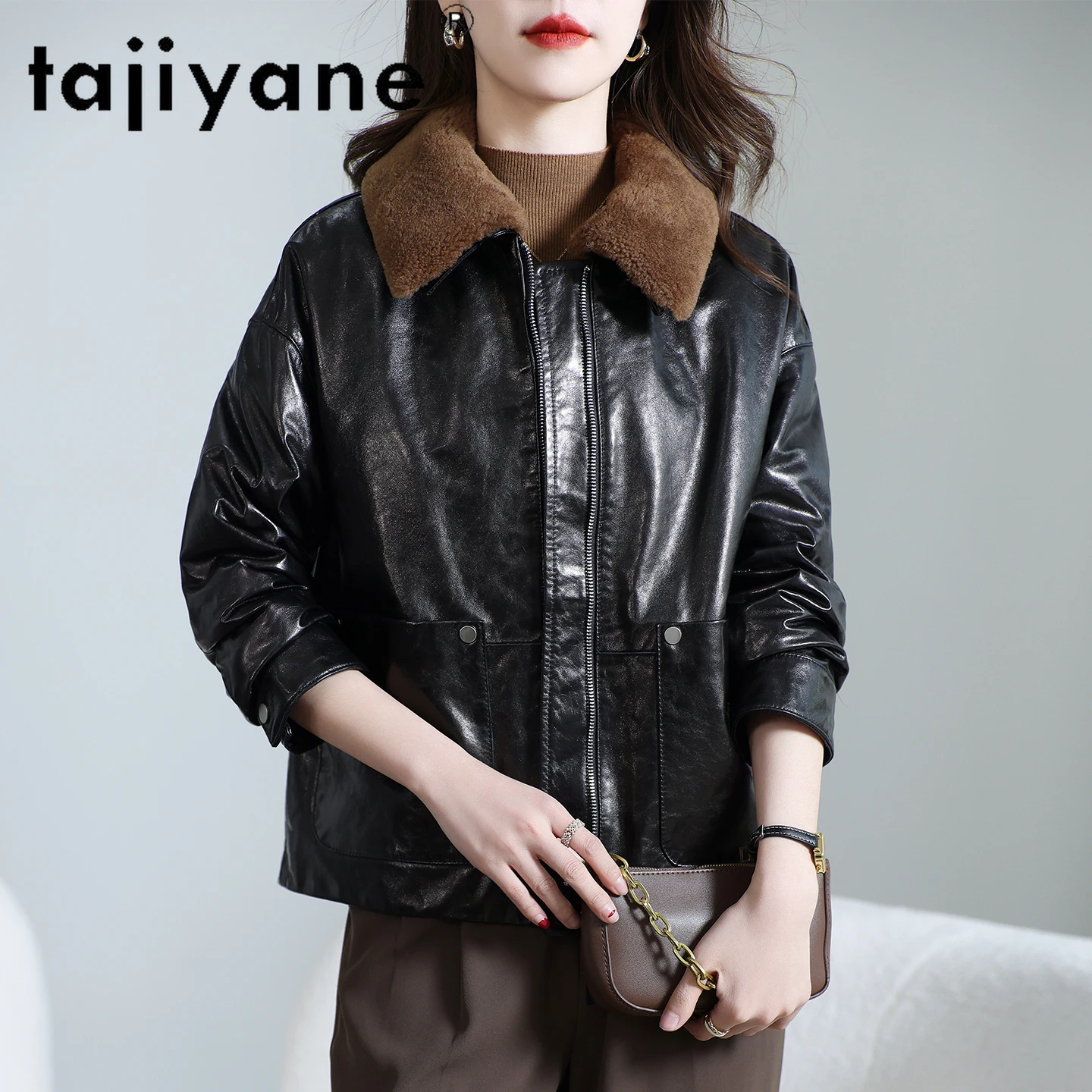 TAJIYANE Płaszcz z prawdziwej skóry owczej z puchem gęsim, damska krótka kurtka puchowa ze skóry naturalnej z wełnianym kołnierzem, odzież zimowa 2025
