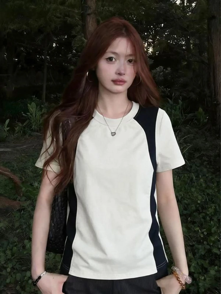 Korean Style Color Block Patchwork Short Sleeve T-Shirt Women Spring Summer Casual Slim Fit Slimming Trendy Top