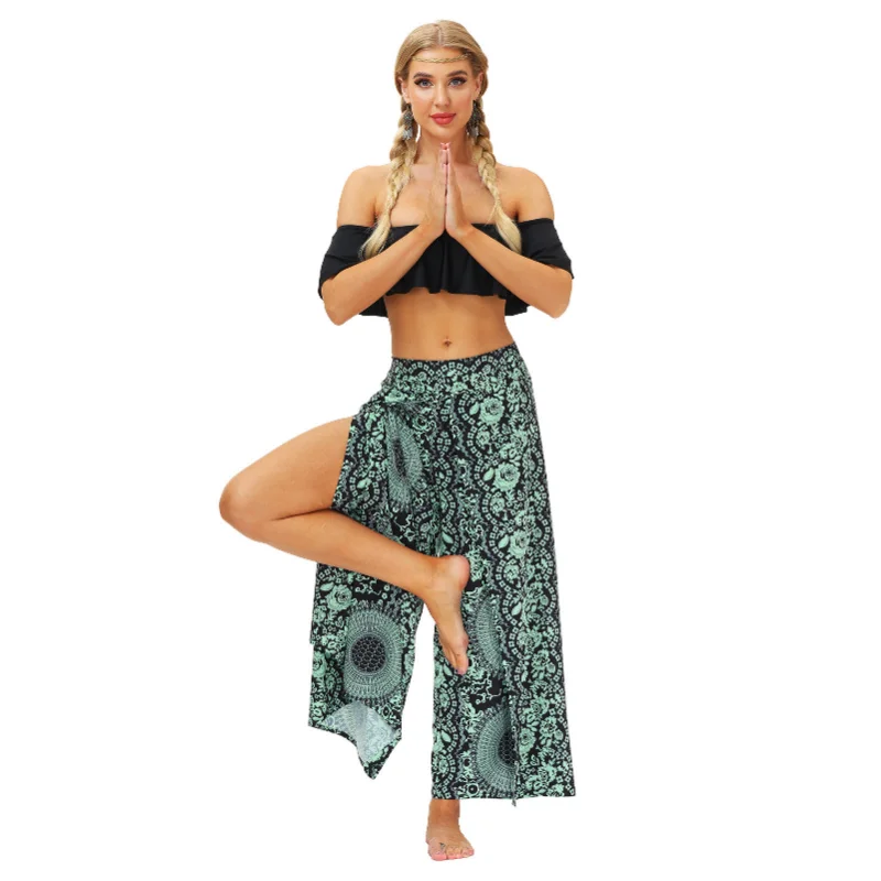 Women\'s Wide Leg Palazzo Pants, Slit Split, Boho, Hippie, Indian Pilate, Flowy Wrap, Yoga, Summer, Casual, Beach, Boho