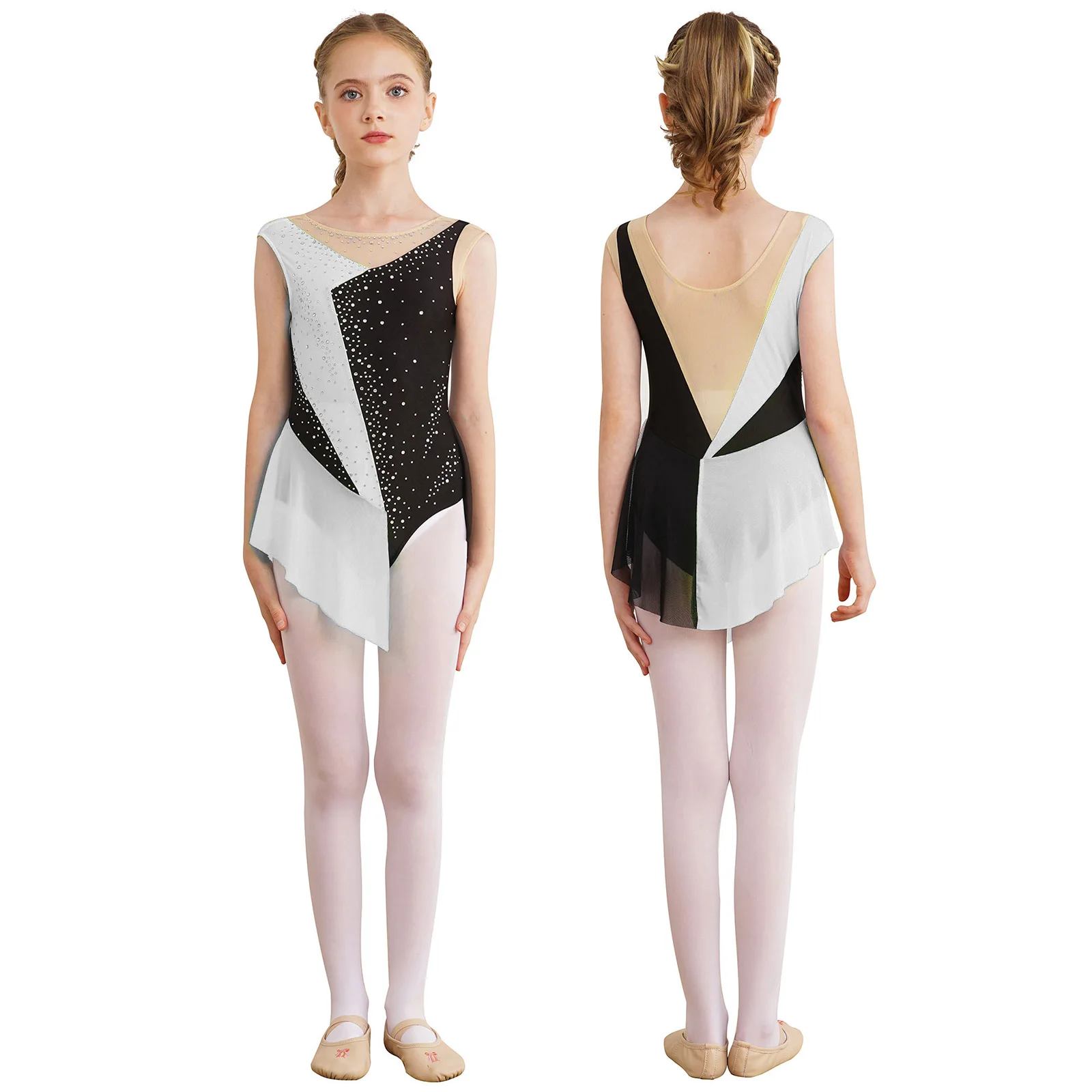 Child Girls Ballet Gymnastics Leotard Rhinestone Figure Ice Skating Dress Ballroom Dance Costume Training Performance Clothing