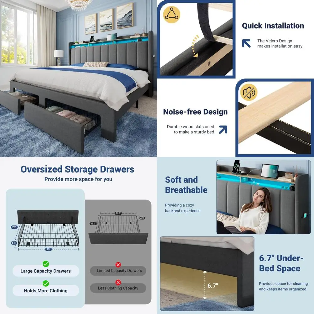 

King Size Grey Upholstered Platform Bed with LED Storage, 2 Drawers, USB & Type-C Ports, No Box Spring Needed