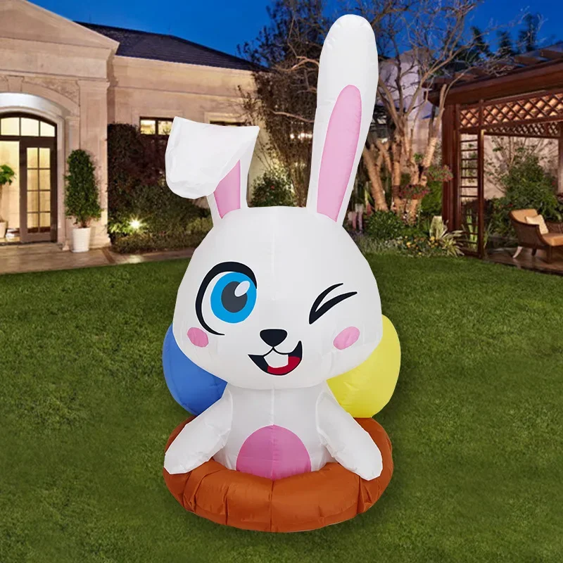 4 FT Happy Easter Bunmy Inflatable Toy For Garden Yard Cartoon Cute Inflatable Rabbit With Lights Outdoor Easter Decoration