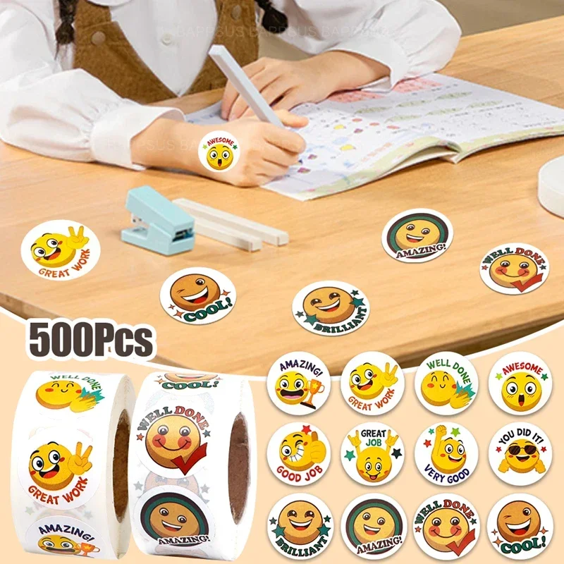 500Pcs/Roll Cartoon Funny Smile Face Expression Reward Stickers 8 Designs 2.5cm/1.0in Round For PC Pad Fridge Gift Diy Decor