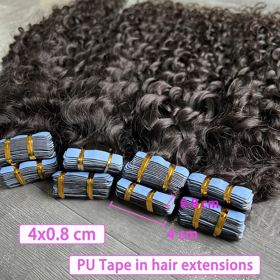 

Лента из искусственной кожи для наращивания волос, глубокие вьющиеся человеческие волосы, 4x0,8 см, бесшовные утки, завязанные вручную клейкие ленты, 100 грамм, волнистые девственные волосы