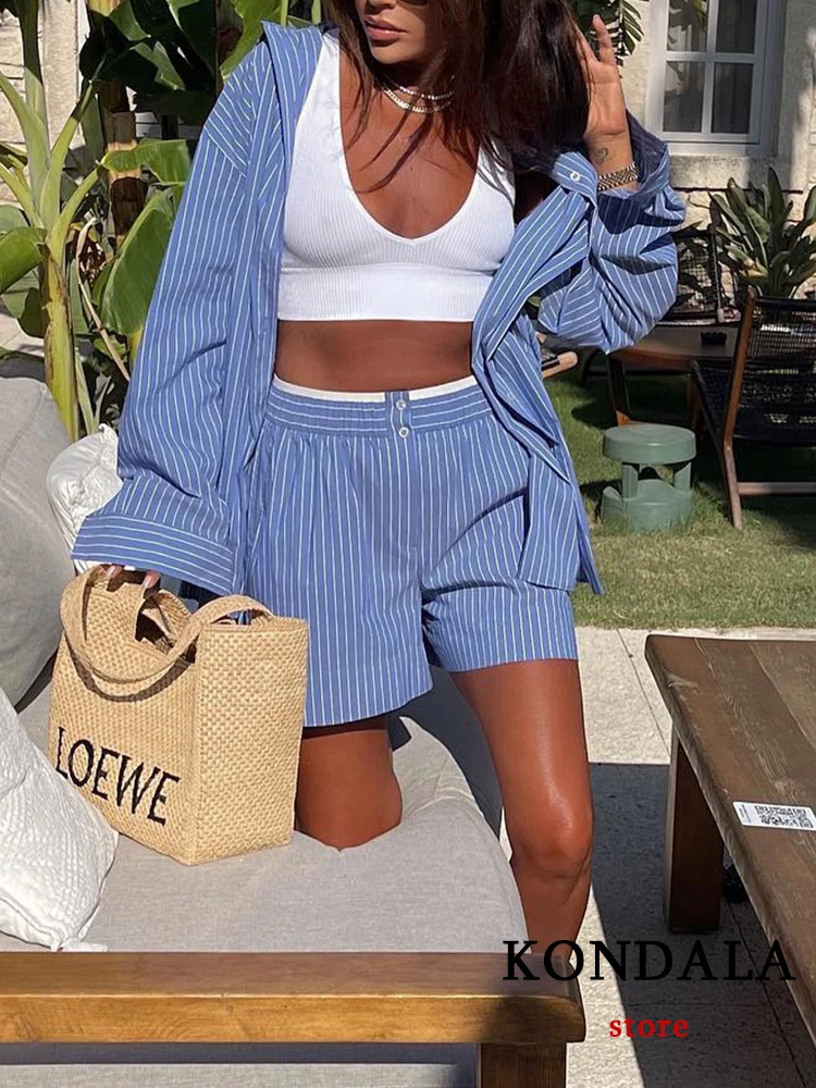 KONDALA Vintage Blue Striped Chic Women Suit Single Breasted Turn-down Collar Blouse Loose Shorts Fashion 2024 Autumn Female Set