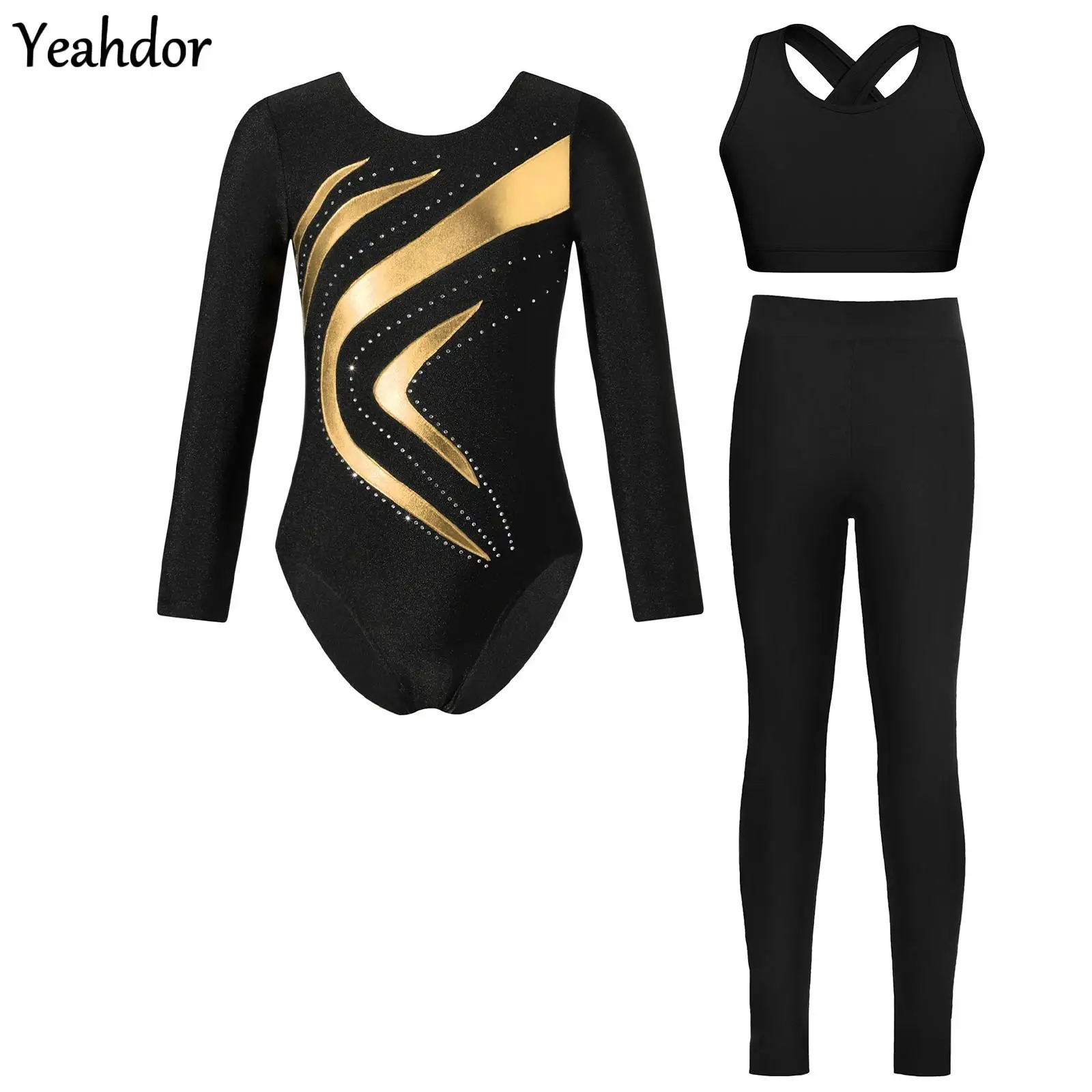 

Kids Girls 3-Piece Figure Skating Gymnastics Outfit Long Sleeve Rhinestone Metallic Leotard Ballet Bodysuit with Vest Leggings