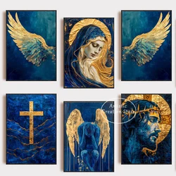 Golden Blue Cross Virgin Mary Jesus Poster Royal Left Angel Wing Wall Canvas Painting for Living Room Club Room Home Decor
