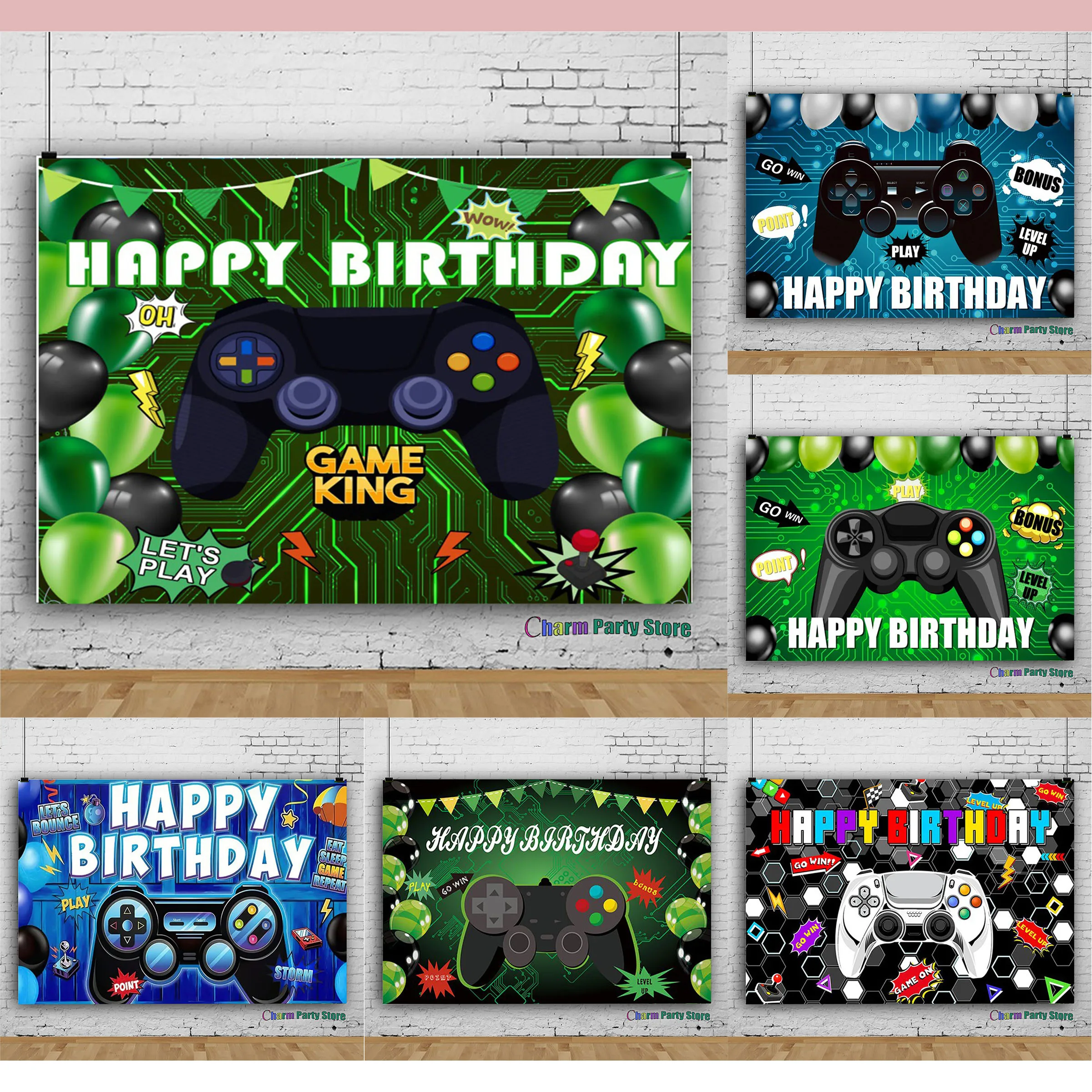 

Charm Game On Happy Birthday Backdrop Blue green Gaming Theme Child Kid Boy Party Decoration Photography Background Photo Studio