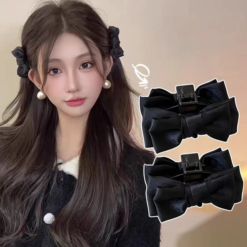 2Pcs Black Bow Small Hair Claw Women Girl Y2k Fashion Hair Grab Clip Side Clip Forehead Bangs Hair Styling Clip Sweet Headdress