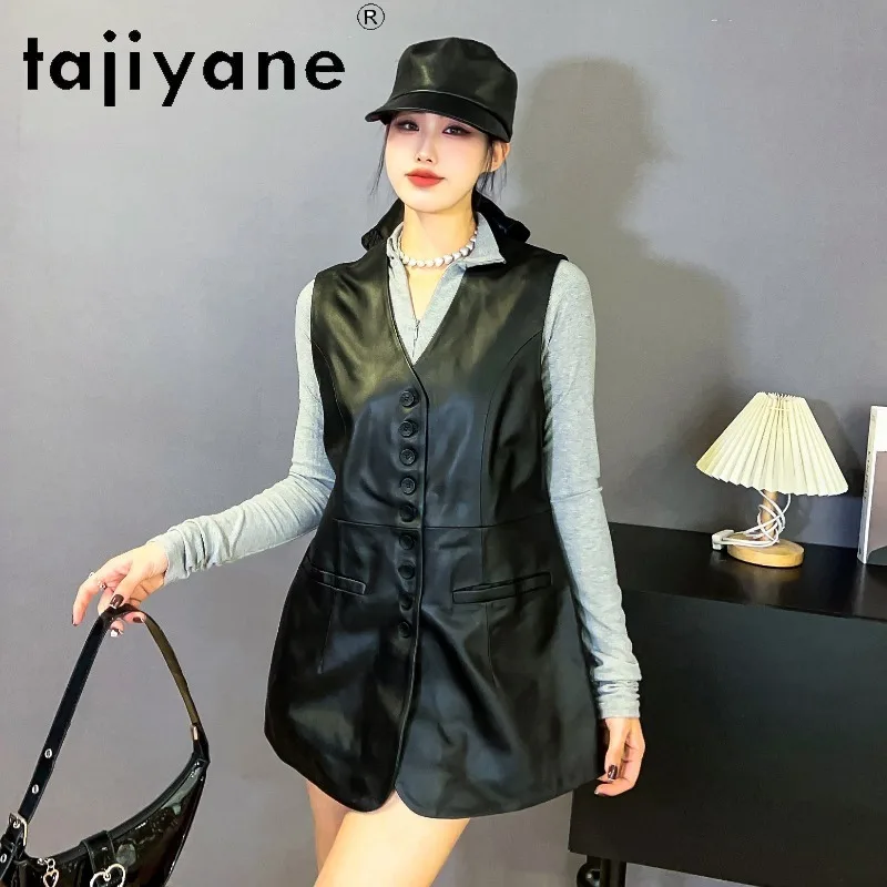 TAJIYANE Genuine Sheepskin Leather Jacket Woman Black Gilet Slim Fit Veste Femme Sleeveless Outerwear Mid Length Leather Vest 자켓