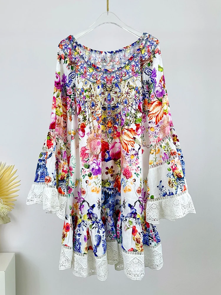 Vintage bedrukte jurk met één lijn hals, uitlopende mouwen en hoge taille 2025, lente damesmode patchwork kanten losse poefantrok