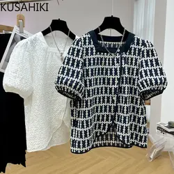 KUSAHIKI Chic Embroidery Hollow-out Hook Doll Shirt Korean Square Collar Puff Sleeve Blouse Causal Single Breasted Blusas Mujer