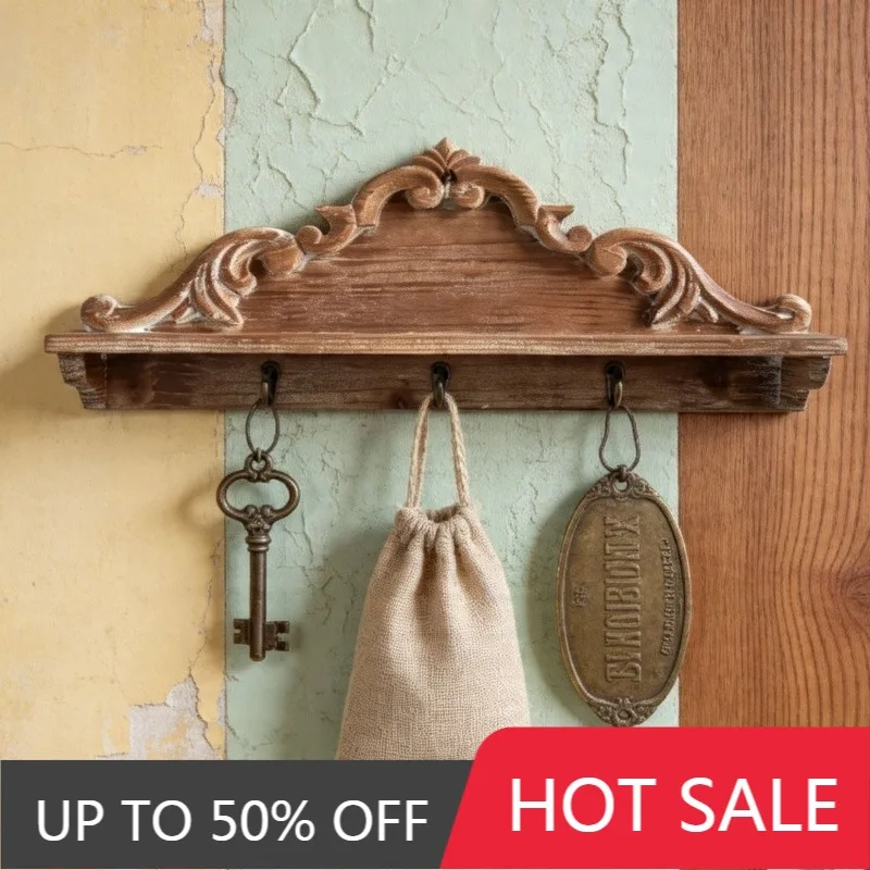 Solid Wood Hanger Vintage Carved Bag Clothes Hanger With Metal Hooks Clothes Organizer Floating Storage Coat Racks Home Decor
