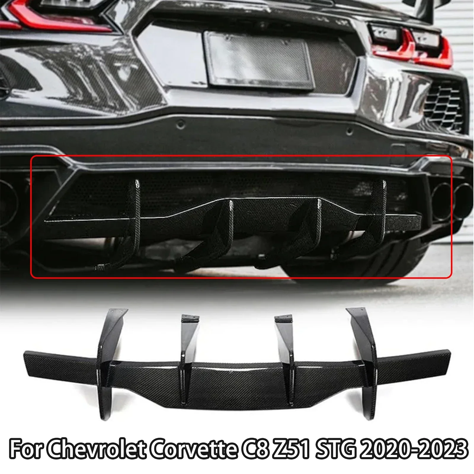 For 2020-2023 Chevrolet/Chevy Corvette C8 Z51 STG Rear Bumper Diffuser Shark Fin Style Rear Lip Splitter Spoiler Carbon Look