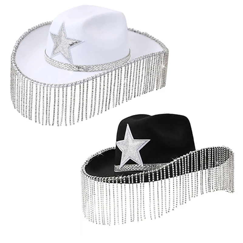 

Adult Sequins Star Cowboy Hats with Diamond Fringes Woman Western Cowgirl Hat Model Show Performances Photography Hat HXBA