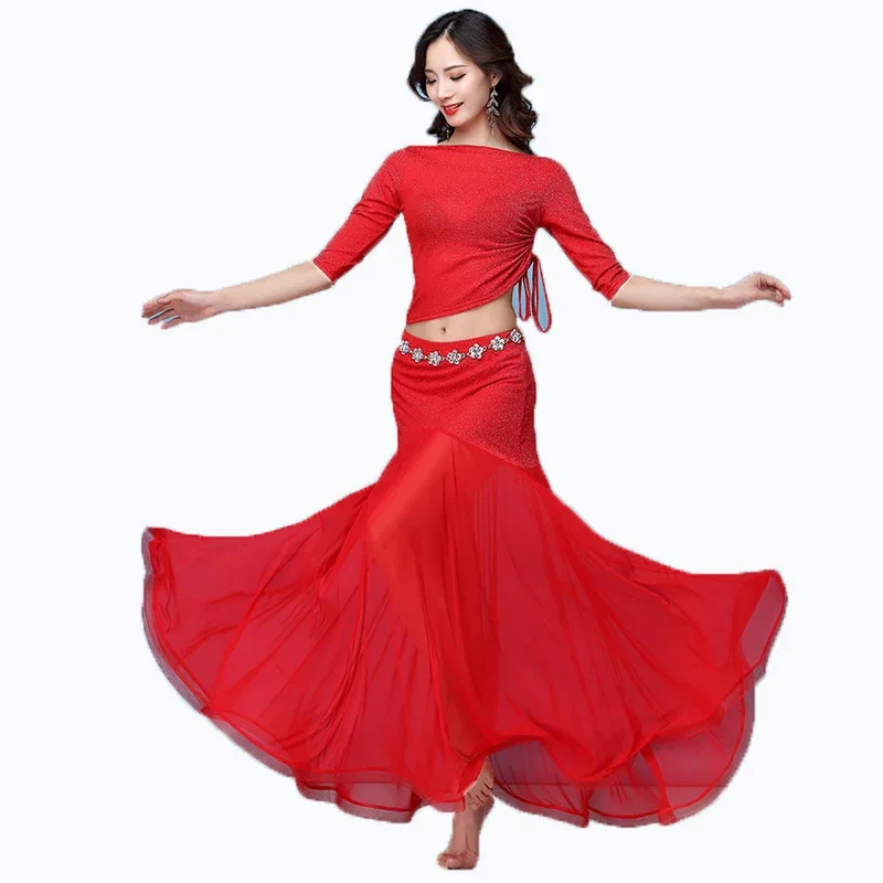 Buikdanskostuum Professioneel pak voor dames Mesh korte mouwen Top + sexy split lange rok 2 stuks Oosters danspak voor meisjes