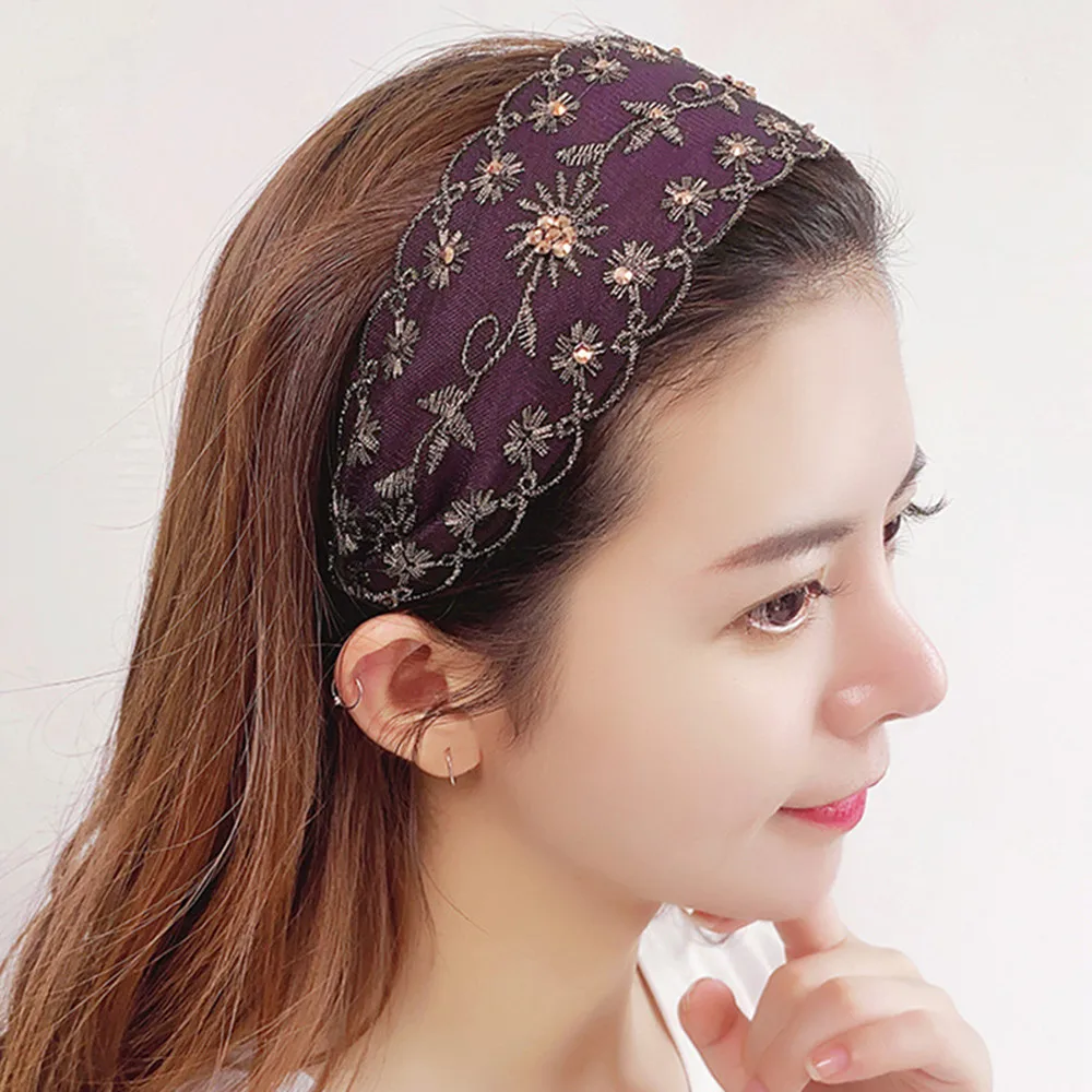 Temperament Make up Fashion Design Women Hair Accessories Wide Side Hairband Korean Style Hair Wear Lace Leaves crystal Headband