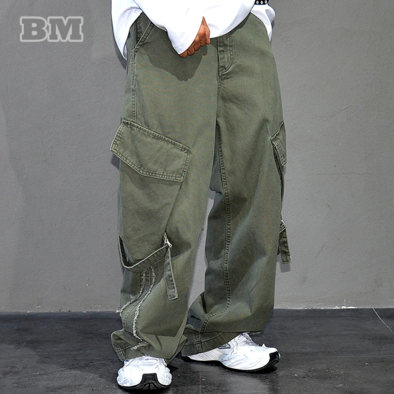 ‌Premium Trendy Army Green Vintage Multi Pocket Cargo Pants Men American Streetwear Stacked Casual Straight Leg Long Trousers