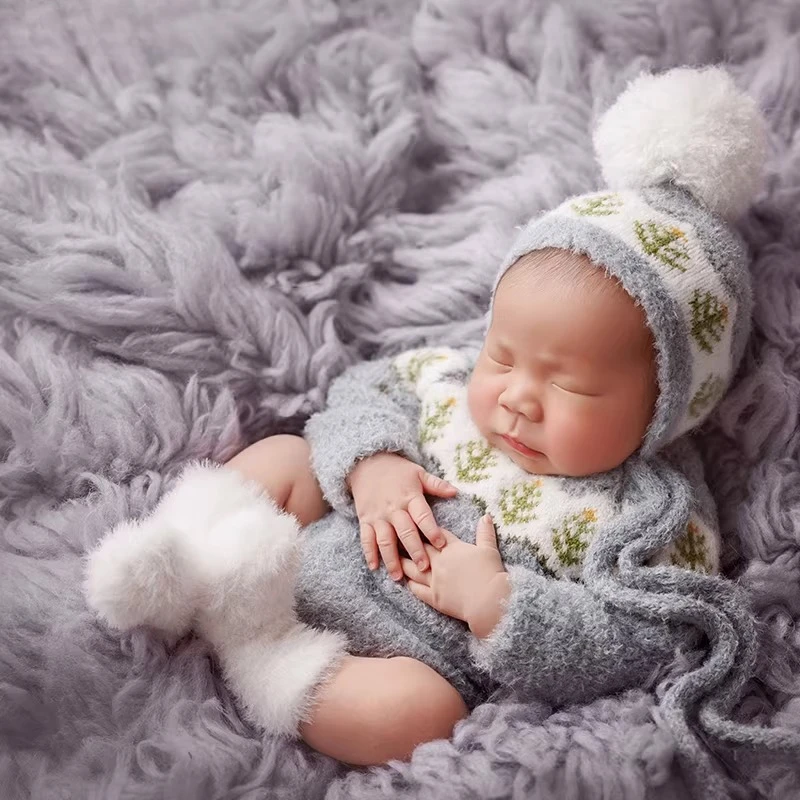 Newborn Photography Props Cute Elephant Backdrop Clothing Set Greece Wool Blanket Wrap Flowers Theme Set for Studio Photoshoot