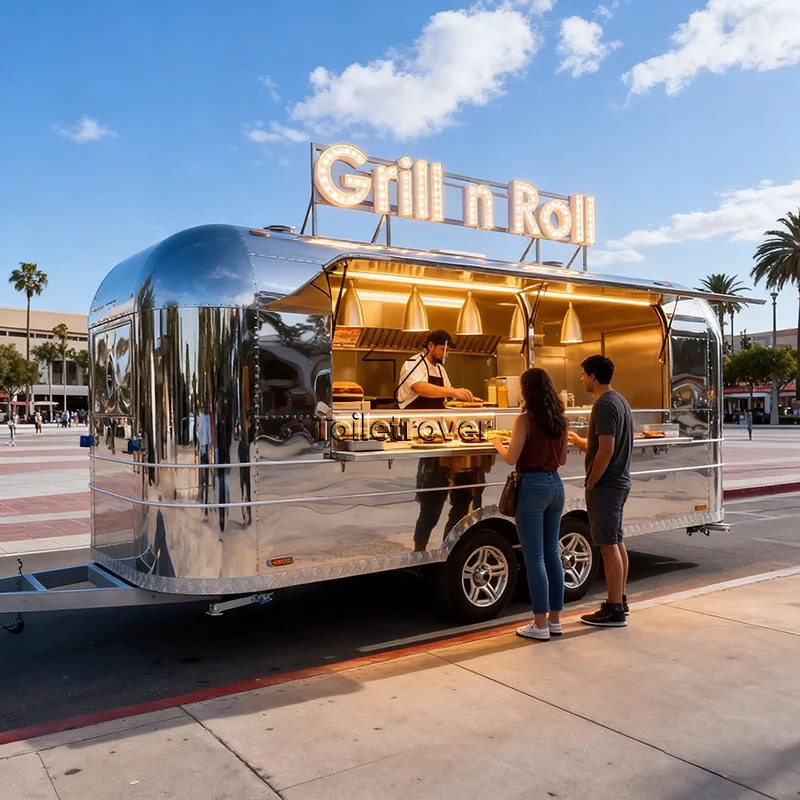 Portable Stainless Steel Modern Luxury Fiberglass Mobile Ice Cream Cart with Freezer Soft Serve Machine Fridge and LED Lights