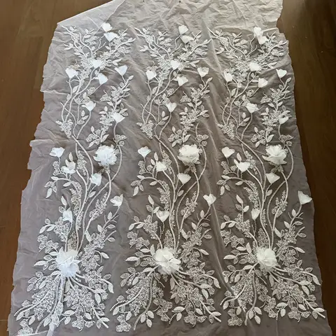 3D Flower Lace Fabric with Nail Beads Bridal Wedding Dress Lace DIY Sewing Supplies