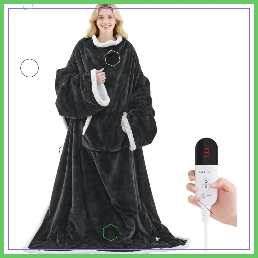 

Носимое одеяло с электрическим подогревом, карманом для ног, рукавами, 6 уровней нагрева и автоматическим отключением, можно стирать в машине серого цвета