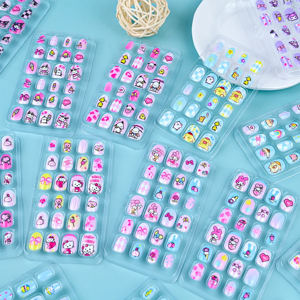 24 Stuks Miniso Cartoon Hello Kitty Pers Op Nagels Sanrio Serie Roze/Blauw/Paars Kuromi Kawaii Nep Nagel Voor 6 Jaar + School Meisje