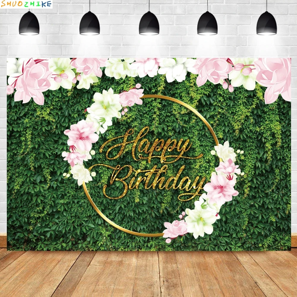 

Happy Birthday Wedding Stage Bridal Customized Baby Photo Backdrop Blooms Flowers Green Plants Photography Background JC-53
