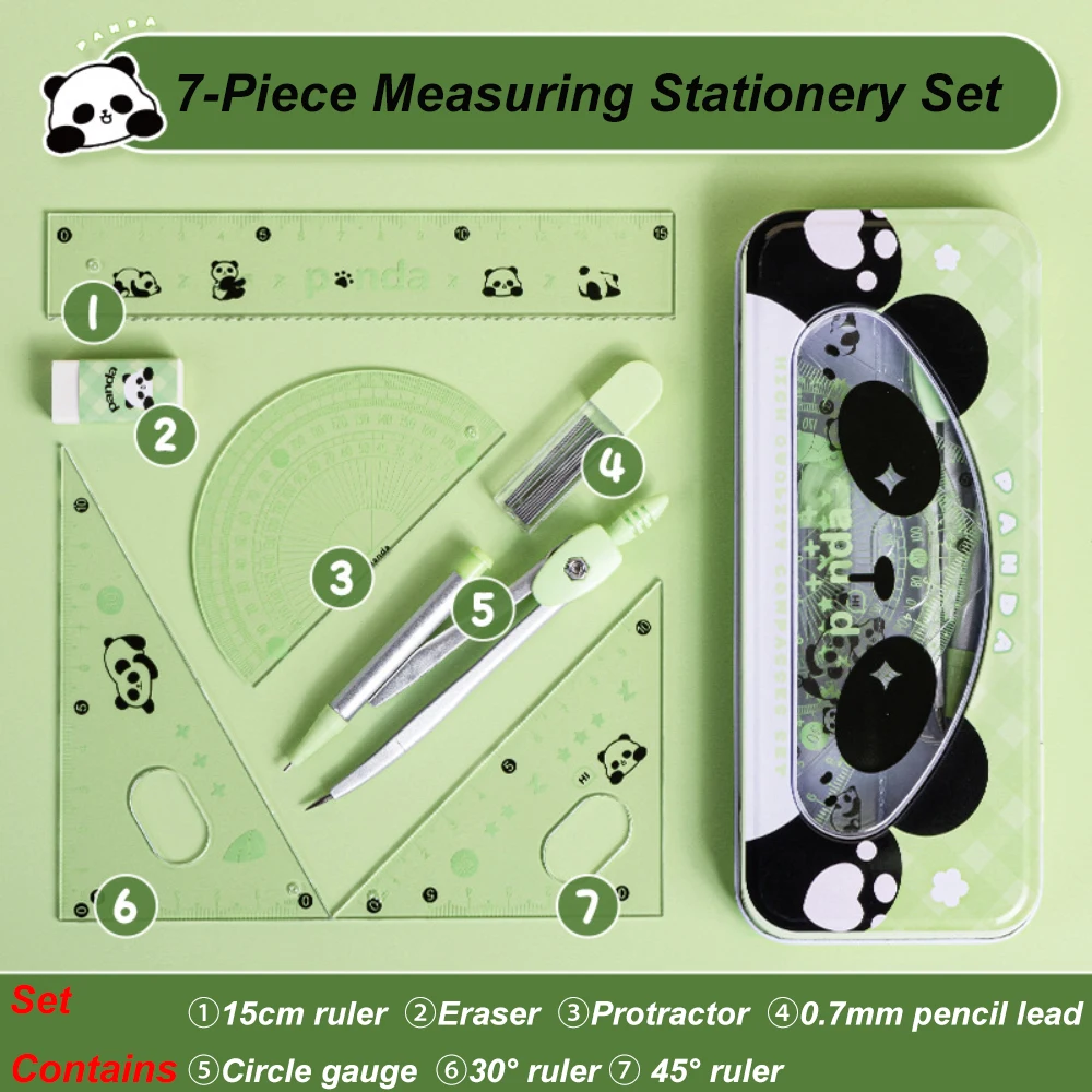 7 Pcs/Set Cartoon Panda Acrylic Rulers Multi-Function School Stationery Mathematical Drawing Tools for Students Iron Boxed