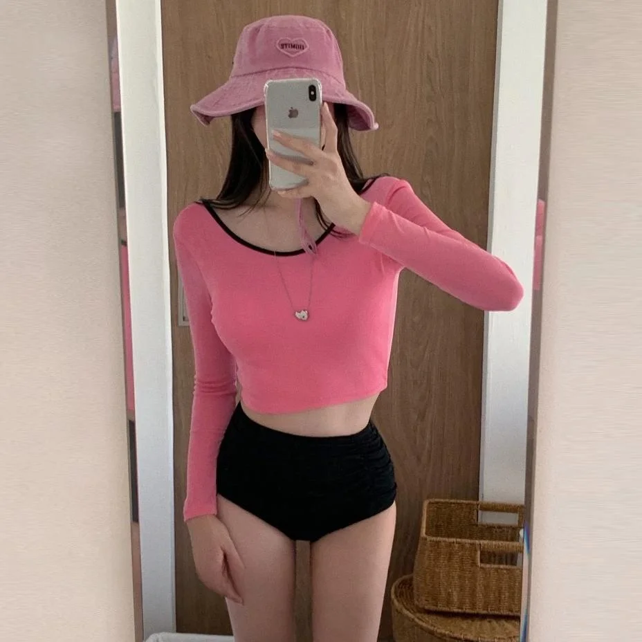 

Купальник с высокой талией, длинными рукавами, термозащитой, для женщин, скрывающий живот, утягивающий, с защитой от солнца, премиум-класса, для небольшой груди