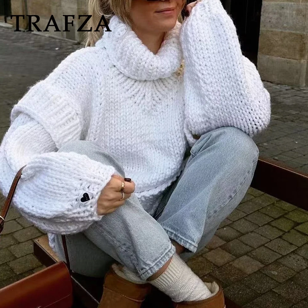 TRAFZA 2023 Autumn Winter Women Casual Knitted Solid Sweater Turtleneck Loose Thick Pullovers Female High Street Oversized Tops