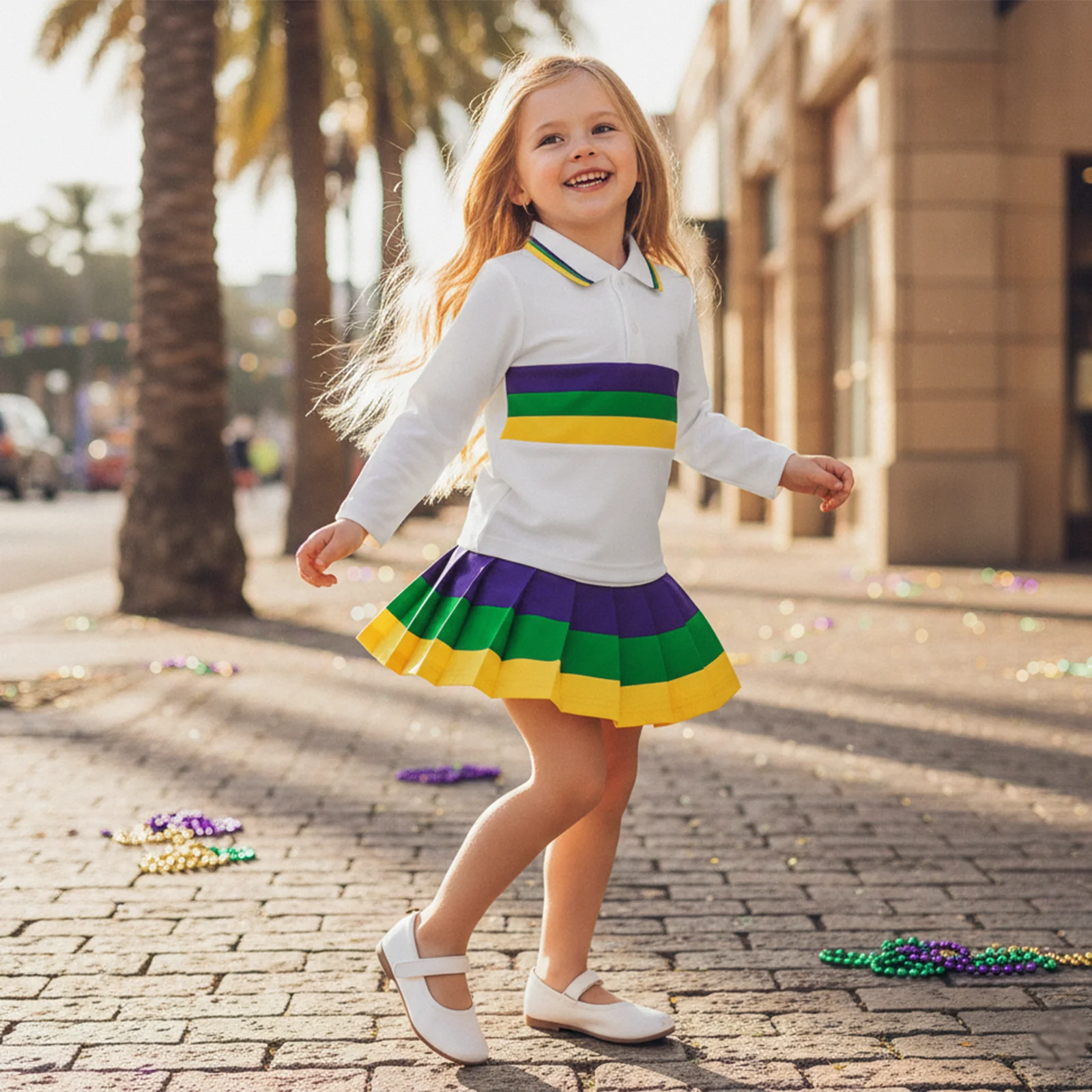 1-4Y Toddler Girl Carnival Outfit Long Sleeve Lapel Collar Upper Button Shirt Elastic Waist Pleated Skirt Children's Sets